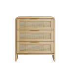 Set of 2 Rattan Nightstands with 3 Drawers, 22.8 Curved Bedside Tables, Mid-Century Modern Bedroom Storage Cabinet-Panipeachy