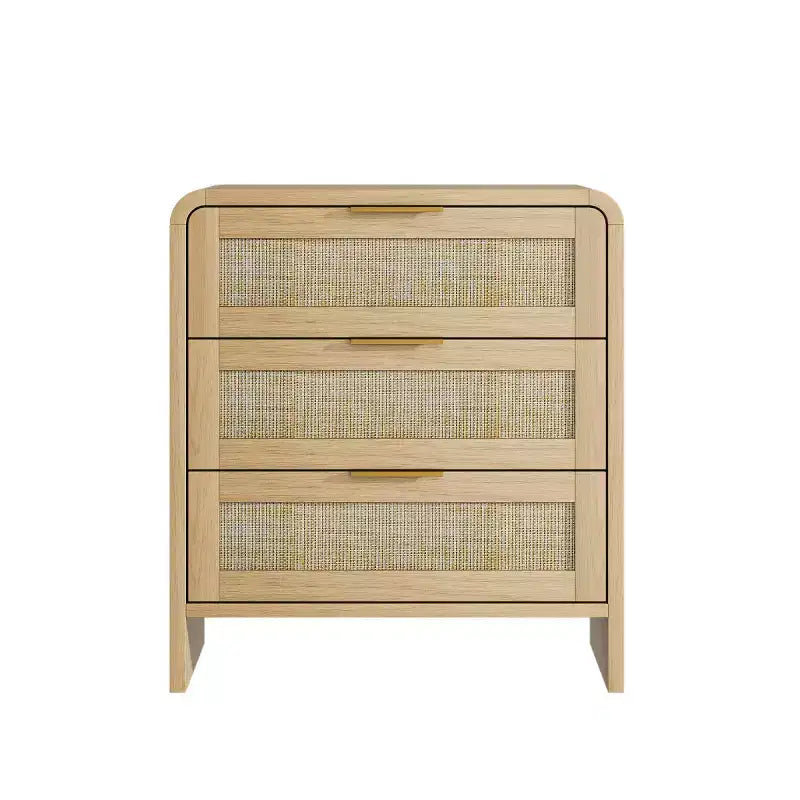 Set of 2 Rattan Nightstands with 3 Drawers, 22.8 Curved Bedside Tables, Mid-Century Modern Bedroom Storage Cabinet-Panipeachy