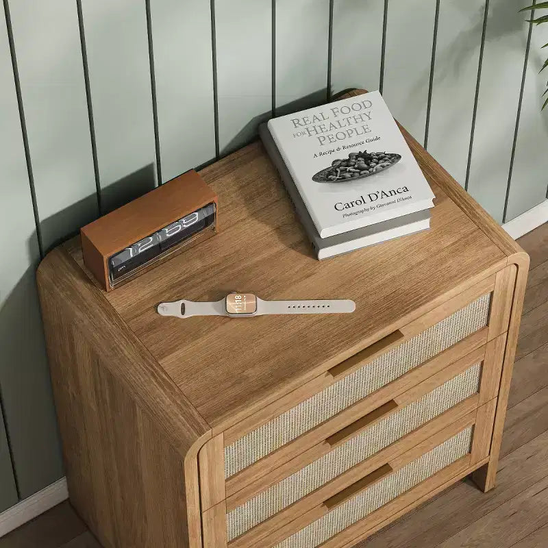 Set of 2 Rattan Nightstands with 3 Drawers, 22.8 Curved Bedside Tables, Mid-Century Modern Bedroom Storage Cabinet-Panipeachy