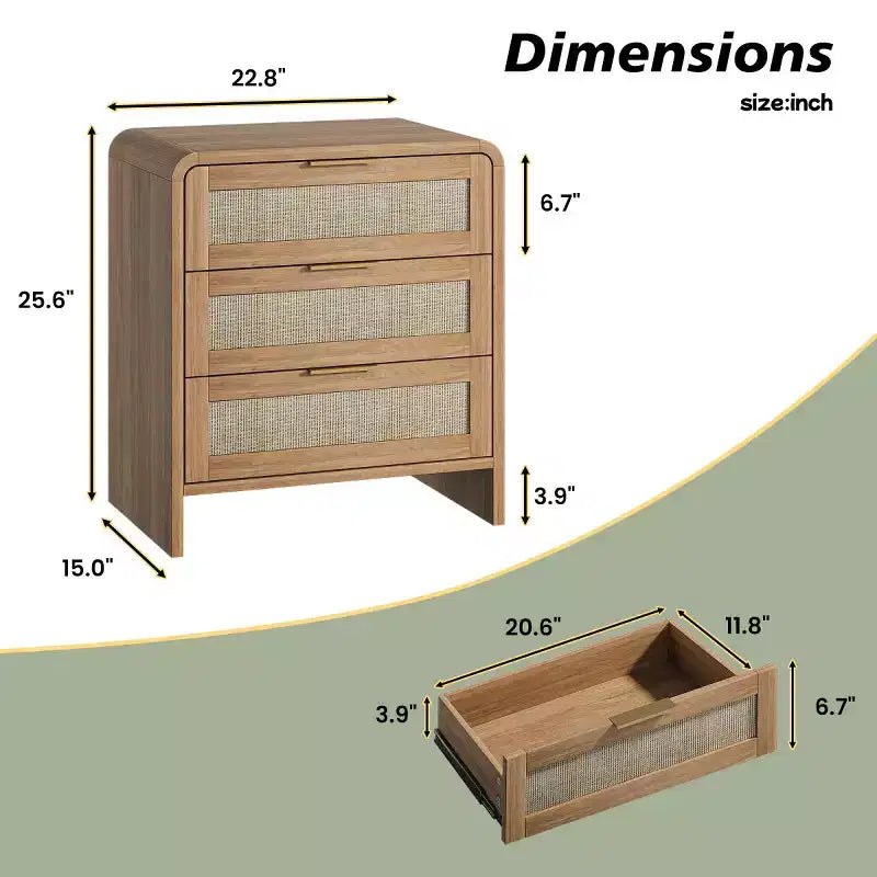 Set of 2 Rattan Nightstands with 3 Drawers, 22.8 Curved Bedside Tables, Mid-Century Modern Bedroom Storage Cabinet-Panipeachy