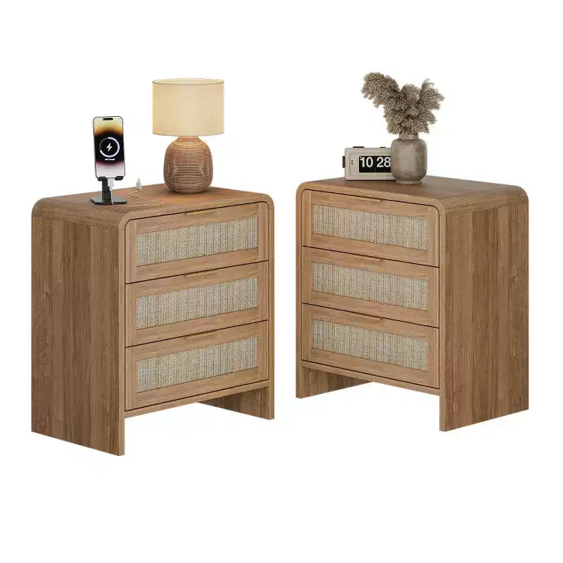 Set of 2 Rattan Nightstands with 3 Drawers, 22.8 Curved Bedside Tables, Mid-Century Modern Bedroom Storage Cabinet-Panipeachy