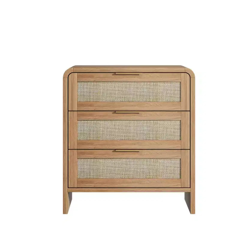 Set of 2 Rattan Nightstands with 3 Drawers, 22.8 Curved Bedside Tables, Mid-Century Modern Bedroom Storage Cabinet-Panipeachy