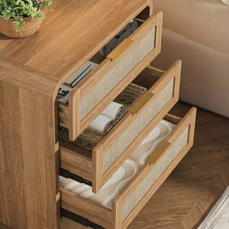 Set of 2 Rattan Nightstands with 3 Drawers, 22.8 Curved Bedside Tables, Mid-Century Modern Bedroom Storage Cabinet-Panipeachy