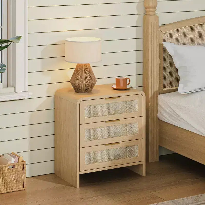 Set of 2 Rattan Nightstands with 3 Drawers, 22.8 Curved Bedside Tables, Mid-Century Modern Bedroom Storage Cabinet-Panipeachy