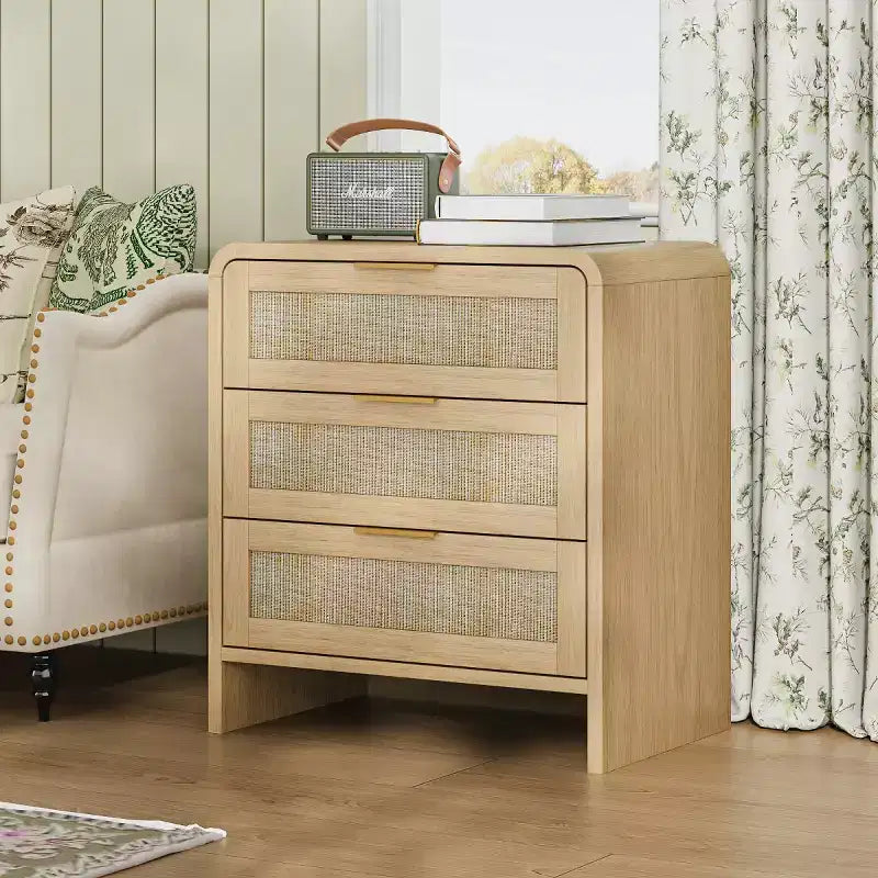 Set of 2 Rattan Nightstands with 3 Drawers, 22.8 Curved Bedside Tables, Mid-Century Modern Bedroom Storage Cabinet-Panipeachy