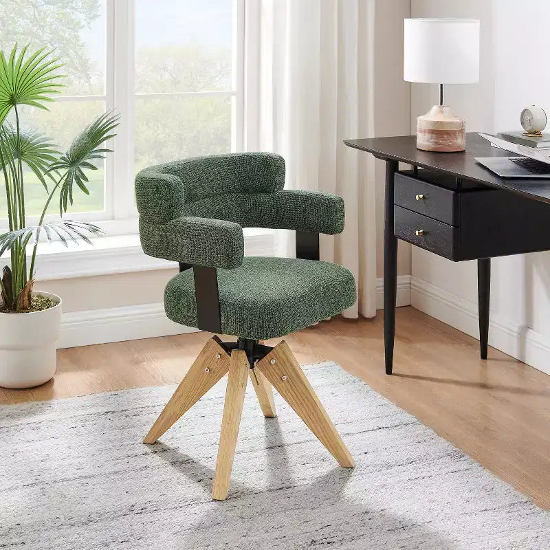 Art Leon Desk Chair No Wheels, Mid Century Modern Swivel Arm Chair, Fabric Upholstered Side Chair with Oak Wood Legs