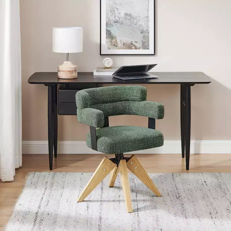 Art Leon Desk Chair No Wheels, Mid Century Modern Swivel Arm Chair, Fabric Upholstered Side Chair with Oak Wood Legs