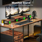 47 Inch Rustic Brown Computer Desk with Charging Station File Cabinet Home Office Gaming Desk 2 Monitor Stands Storage Drawer Shelf Writing Table