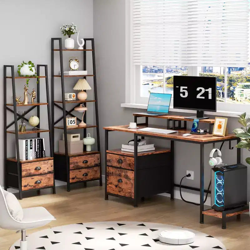 47 Inch Rustic Brown Computer Desk with Charging Station File Cabinet Home Office Gaming Desk 2 Monitor Stands Storage Drawer Shelf Writing Table