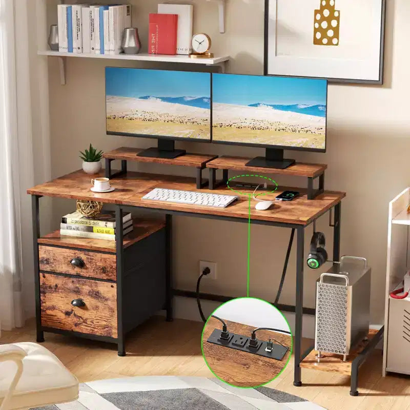 47 Inch Rustic Brown Computer Desk with Charging Station File Cabinet Home Office Gaming Desk 2 Monitor Stands Storage Drawer Shelf Writing Table