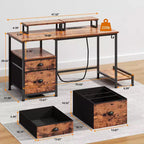 47 Inch Rustic Brown Computer Desk with Charging Station File Cabinet Home Office Gaming Desk 2 Monitor Stands Storage Drawer Shelf Writing Table