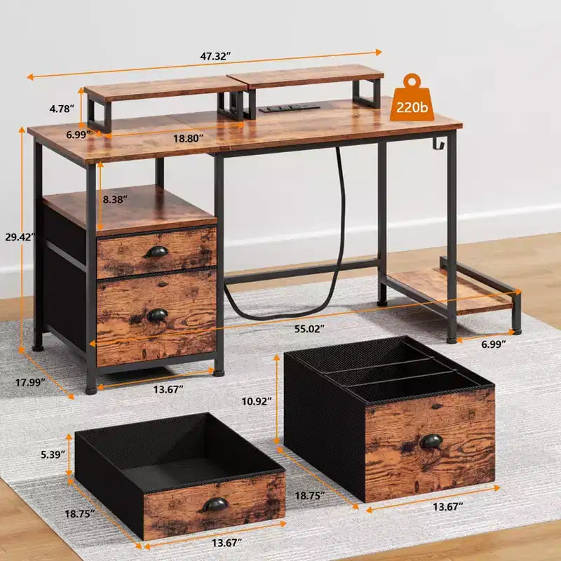 47 Inch Rustic Brown Computer Desk with Charging Station File Cabinet Home Office Gaming Desk 2 Monitor Stands Storage Drawer Shelf Writing Table