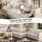 Homy Casa 88 L-Shaped Sleeper Sofa with Pull-Out Bed, Chenille Upholstery, 5-Seat, Beige