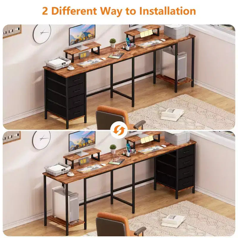 59 Inch Rustic Brown L Shaped Computer Desk with Charging Station Two Person Gaming Desk 4 Drawers 2 Monitor Stands Home Office Corner Workstation