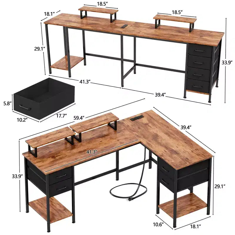 59 Inch Rustic Brown L Shaped Computer Desk with Charging Station Two Person Gaming Desk 4 Drawers 2 Monitor Stands Home Office Corner Workstation