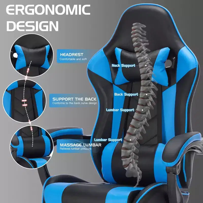 Ora Maison Ergonomic Gaming Chair with Footrest and Lumbar Support, Breathable Height-Adjustable Swivel Computer Chair for Adults,Blue