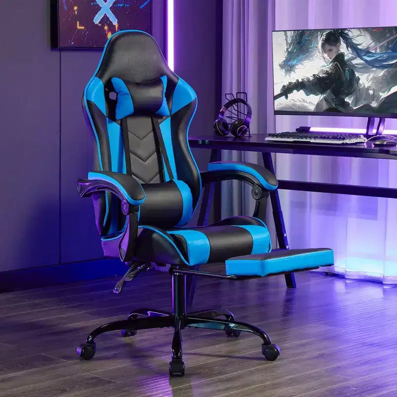 Ora Maison Ergonomic Gaming Chair with Footrest and Lumbar Support, Breathable Height-Adjustable Swivel Computer Chair for Adults,Blue