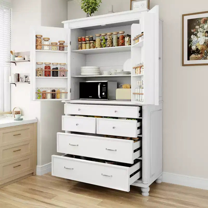 Zeus & Ruta 77.3 in Tall Kitchen Pantry Cabinet with 6 Doors, 5 Drawers, Adjustable Shelves, Freestanding Storage