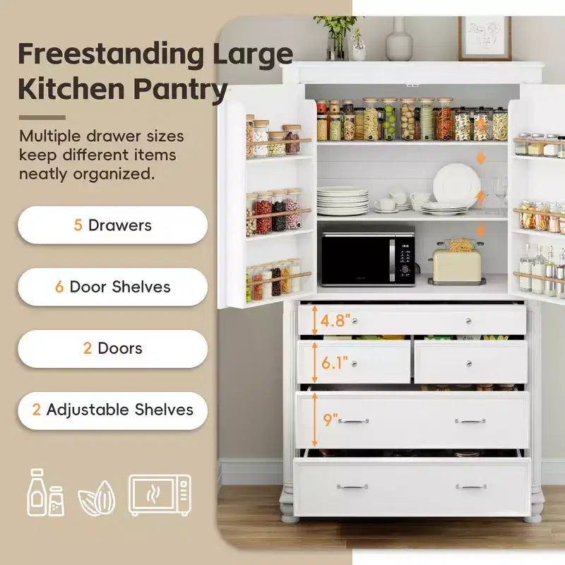 Zeus & Ruta 77.3 in Tall Kitchen Pantry Cabinet with 6 Doors, 5 Drawers, Adjustable Shelves, Freestanding Storage