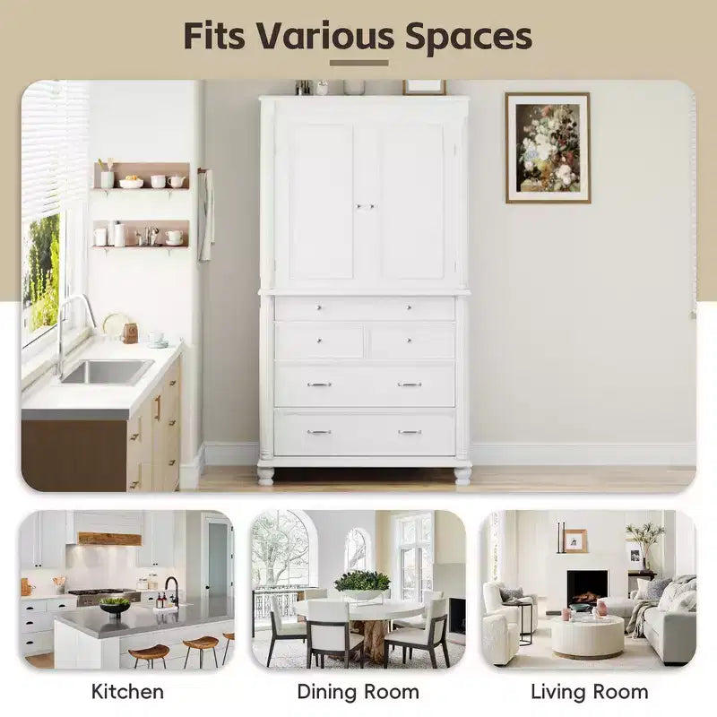 Zeus & Ruta 77.3 in Tall Kitchen Pantry Cabinet with 6 Doors, 5 Drawers, Adjustable Shelves, Freestanding Storage