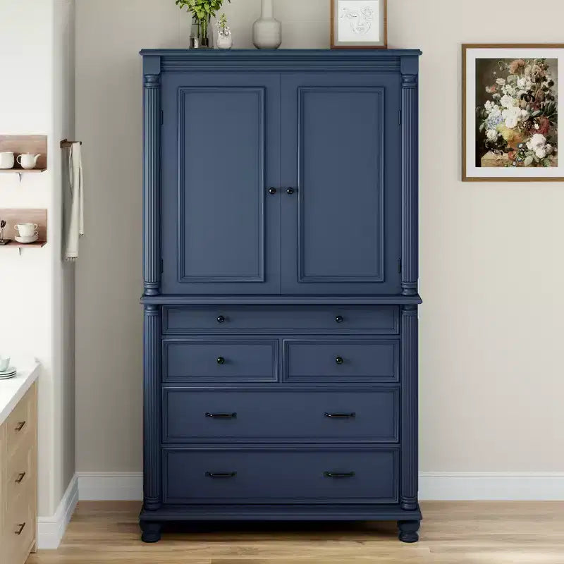 Zeus & Ruta 77.3 in Tall Kitchen Pantry Cabinet with 6 Doors, 5 Drawers, Adjustable Shelves, Freestanding Storage