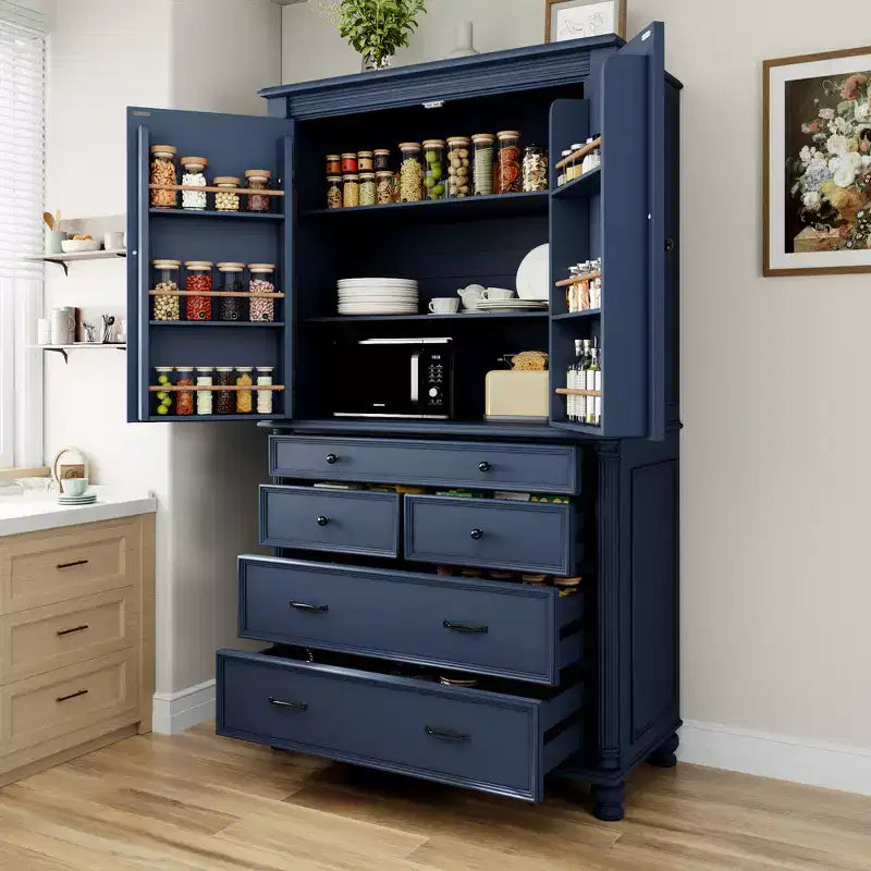 Zeus & Ruta 77.3 in Tall Kitchen Pantry Cabinet with 6 Doors, 5 Drawers, Adjustable Shelves, Freestanding Storage