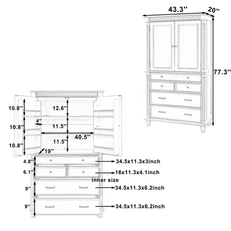 Zeus & Ruta 77.3 in Tall Kitchen Pantry Cabinet with 6 Doors, 5 Drawers, Adjustable Shelves, Freestanding Storage