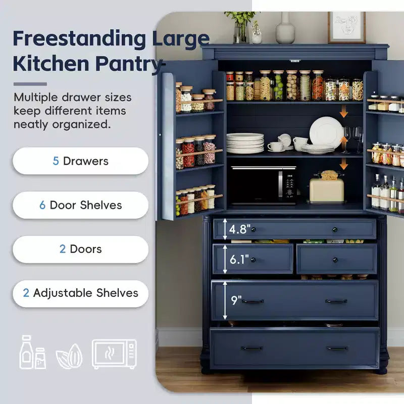 Zeus & Ruta 77.3 in Tall Kitchen Pantry Cabinet with 6 Doors, 5 Drawers, Adjustable Shelves, Freestanding Storage