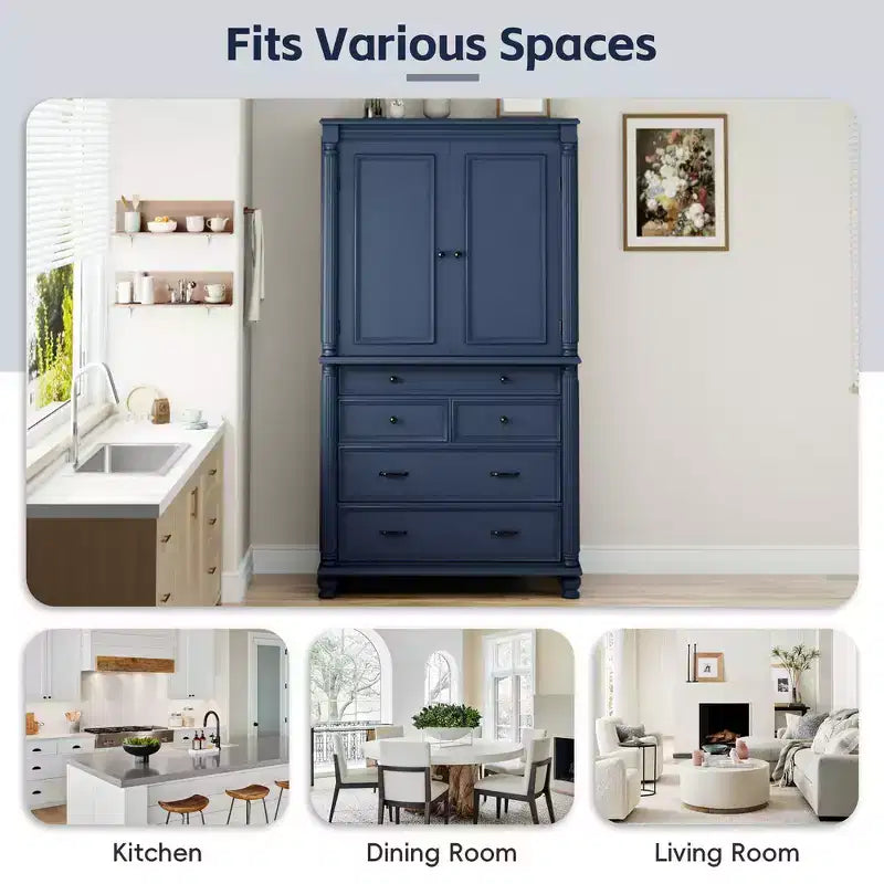 Zeus & Ruta 77.3 in Tall Kitchen Pantry Cabinet with 6 Doors, 5 Drawers, Adjustable Shelves, Freestanding Storage