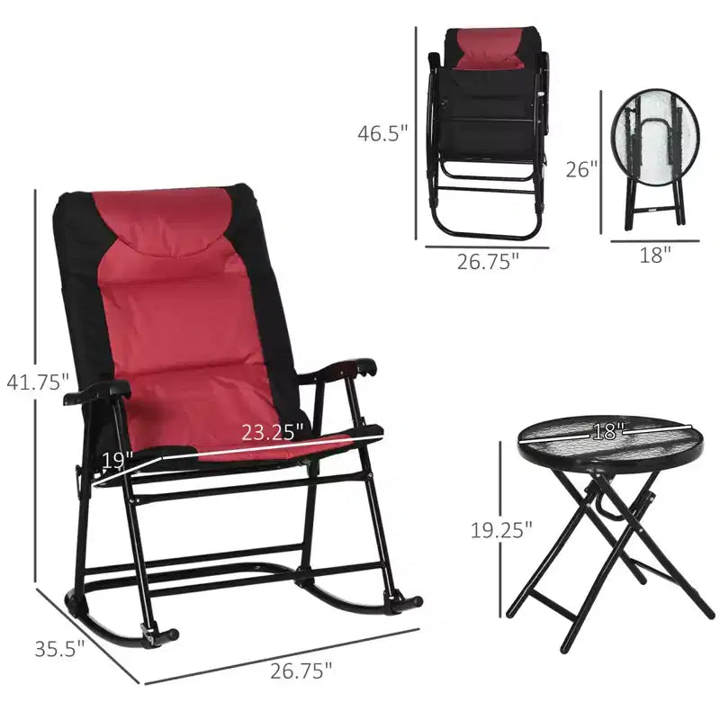 NAYSAYE 3 Piece Patio Furniture Set Folding Rocking Chairs with Glass Coffee Table Bistro Set for Porch Balcony Camping, Red, 26.75*35.5*41.75
