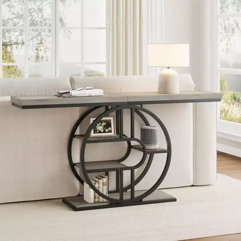 Industrial 55 Console Table, 5-Tier Narrow Entryway Sofa Table with Metal Frame & Multi-Functional Storage Shelves for Living Room & Hallway