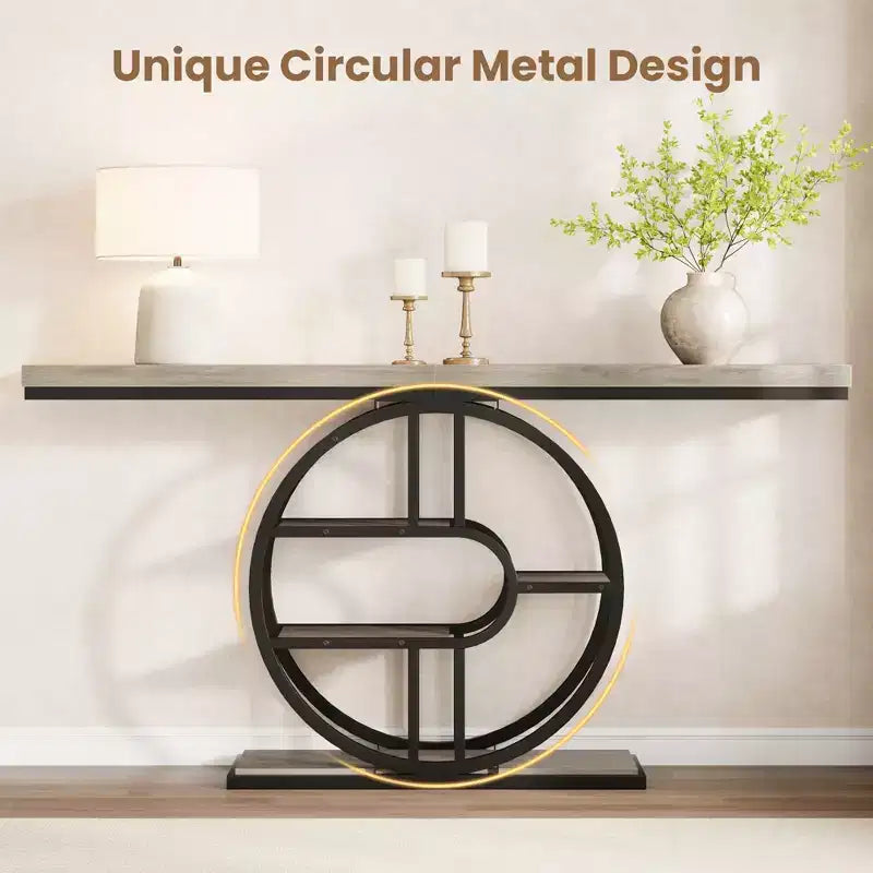 Industrial 55 Console Table, 5-Tier Narrow Entryway Sofa Table with Metal Frame & Multi-Functional Storage Shelves for Living Room & Hallway