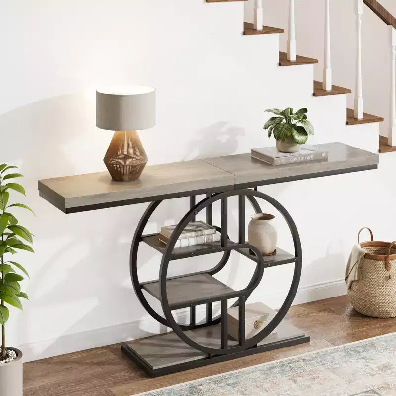 Industrial 55 Console Table, 5-Tier Narrow Entryway Sofa Table with Metal Frame & Multi-Functional Storage Shelves for Living Room & Hallway