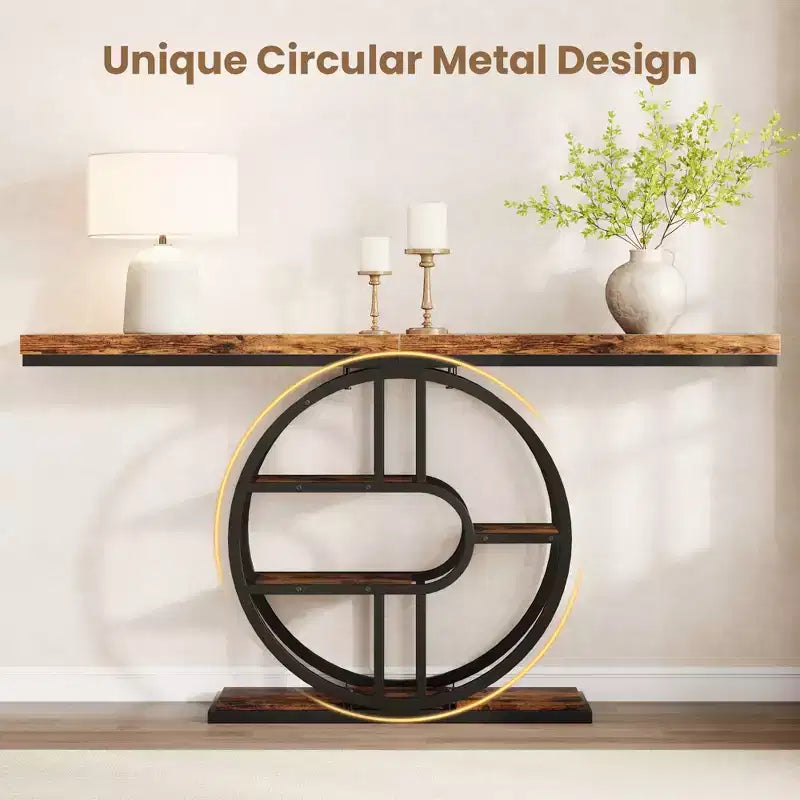 Industrial 55 Console Table, 5-Tier Narrow Entryway Sofa Table with Metal Frame & Multi-Functional Storage Shelves for Living Room & Hallway