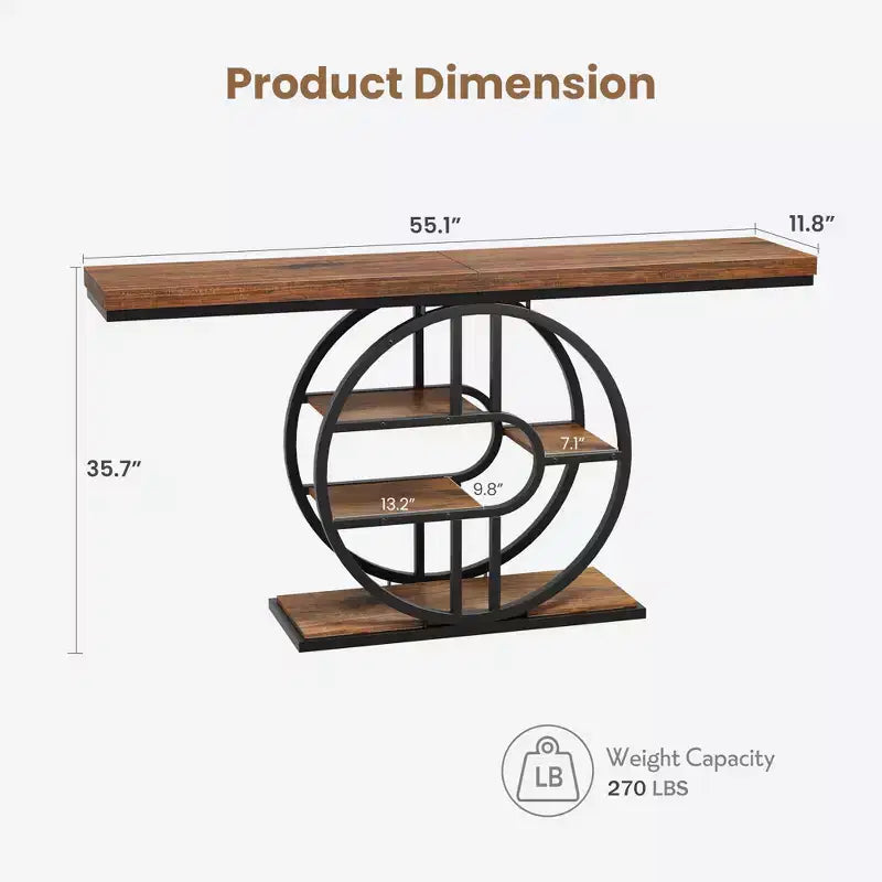 Industrial 55 Console Table, 5-Tier Narrow Entryway Sofa Table with Metal Frame & Multi-Functional Storage Shelves for Living Room & Hallway