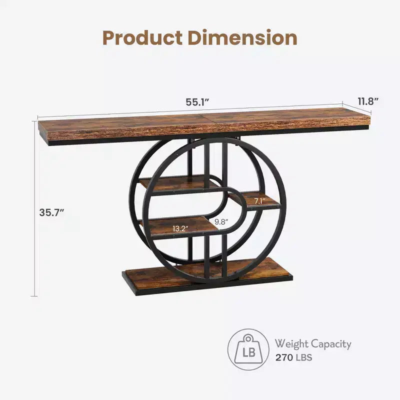 Industrial 55 Console Table, 5-Tier Narrow Entryway Sofa Table with Metal Frame & Multi-Functional Storage Shelves for Living Room & Hallway
