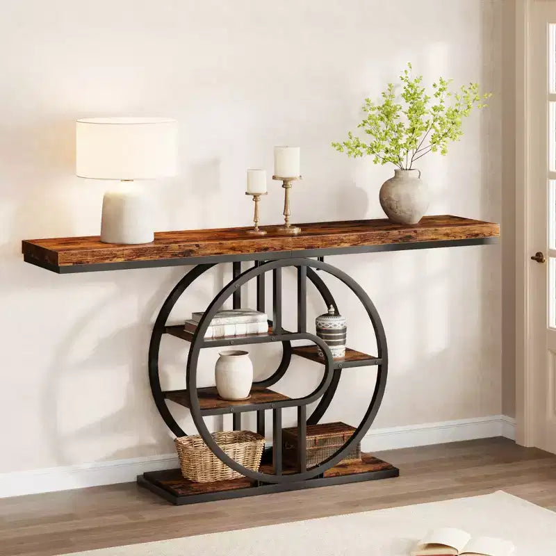 Industrial 55 Console Table, 5-Tier Narrow Entryway Sofa Table with Metal Frame & Multi-Functional Storage Shelves for Living Room & Hallway