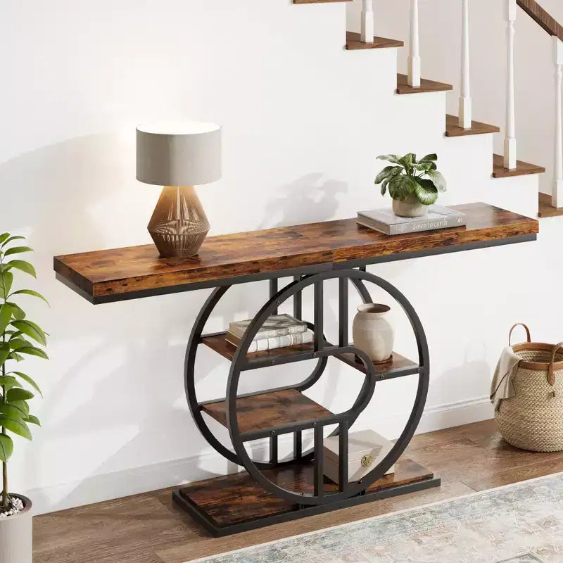 Industrial 55 Console Table, 5-Tier Narrow Entryway Sofa Table with Metal Frame & Multi-Functional Storage Shelves for Living Room & Hallway