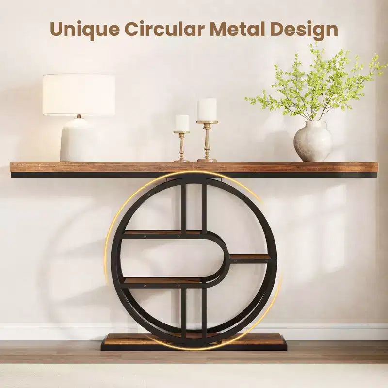 Industrial 55 Console Table, 5-Tier Narrow Entryway Sofa Table with Metal Frame & Multi-Functional Storage Shelves for Living Room & Hallway