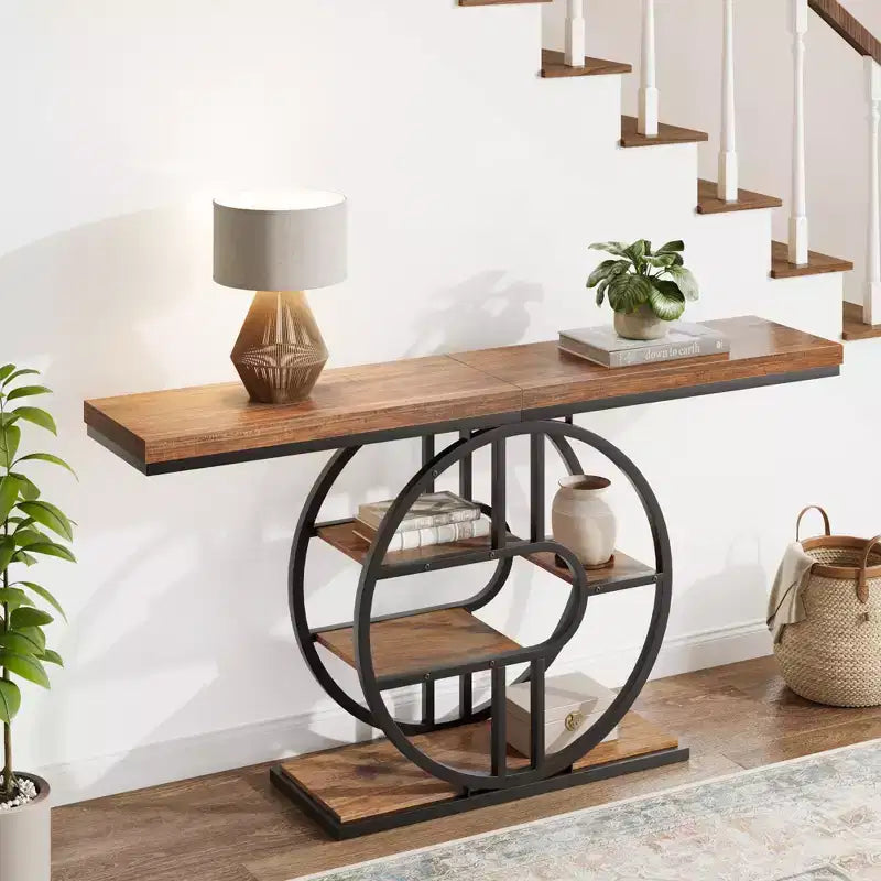 Industrial 55 Console Table, 5-Tier Narrow Entryway Sofa Table with Metal Frame & Multi-Functional Storage Shelves for Living Room & Hallway