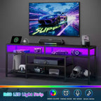 Qwatto 63 Inch Black TV Stand with Charging Station LED Lights Entertainment Center for TVs up to 70 Inch Media Console Storage Shelves Living Room