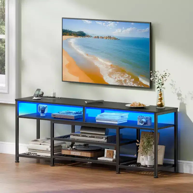 Qwatto 63 Inch Black TV Stand with Charging Station LED Lights Entertainment Center for TVs up to 70 Inch Media Console Storage Shelves Living Room