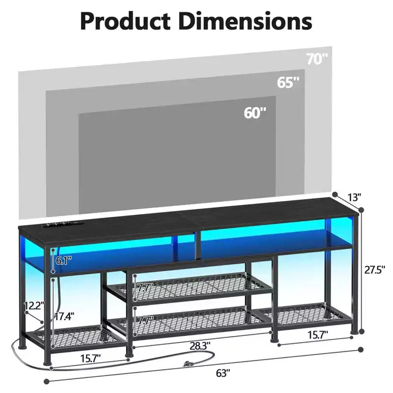Qwatto 63 Inch Black TV Stand with Charging Station LED Lights Entertainment Center for TVs up to 70 Inch Media Console Storage Shelves Living Room