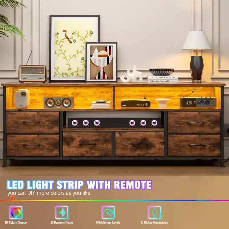 Qwatto 63 Inch Brown TV Stand Dresser with Charging Station LED Lights 6 Drawers Entertainment Center for TVs up to 70 Inch Media Console Living Room