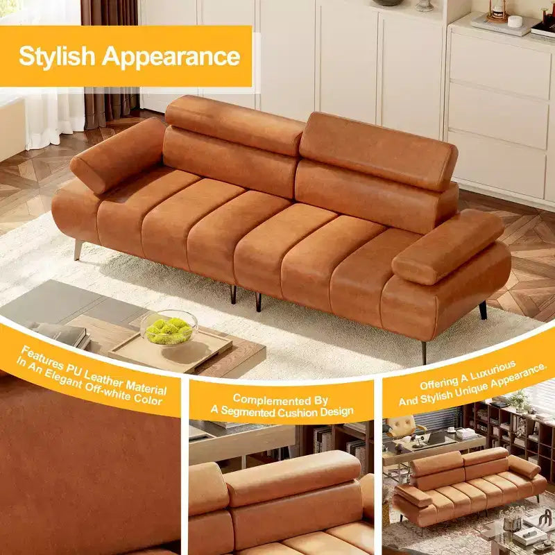 86.6 3-Seater Faux Leather Sofa Bed - Convertible Futon Sleeper Couch with Adjustable Backrest & Split Design - Brown