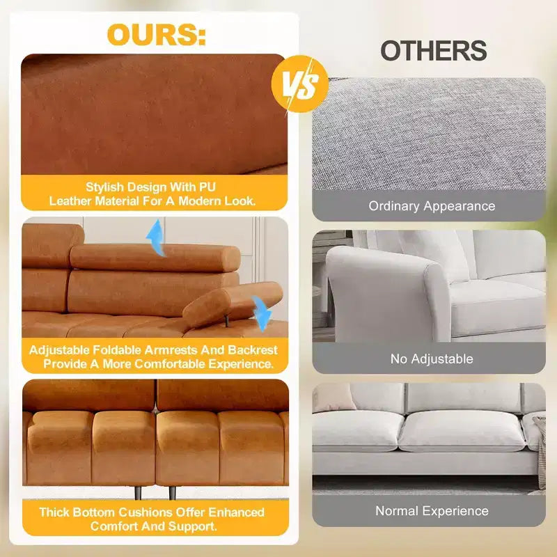 86.6 3-Seater Faux Leather Sofa Bed - Convertible Futon Sleeper Couch with Adjustable Backrest & Split Design - Brown