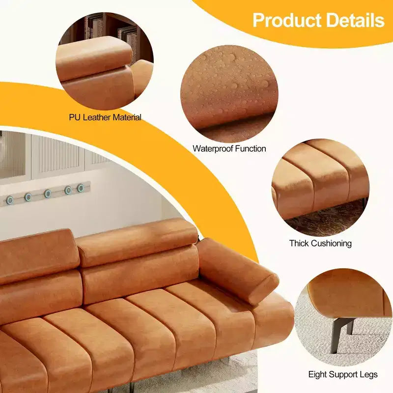 86.6 3-Seater Faux Leather Sofa Bed - Convertible Futon Sleeper Couch with Adjustable Backrest & Split Design - Brown