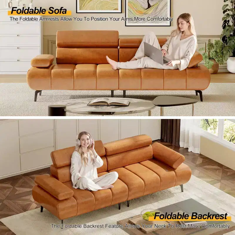 86.6 3-Seater Faux Leather Sofa Bed - Convertible Futon Sleeper Couch with Adjustable Backrest & Split Design - Brown