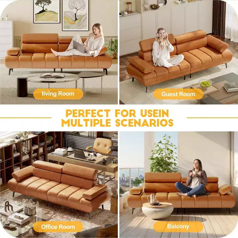 86.6 3-Seater Faux Leather Sofa Bed - Convertible Futon Sleeper Couch with Adjustable Backrest & Split Design - Brown