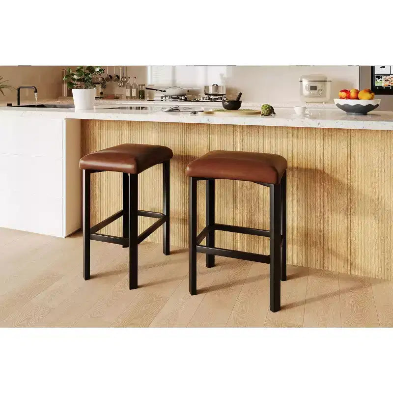 Coolmee 24 inches Bar Stools Set of 2, PU Leather Kitchen Chairs with 2 Thick Upholstery Counter Height Bar Stools, Sturdy Metal Base, Easy Assembly